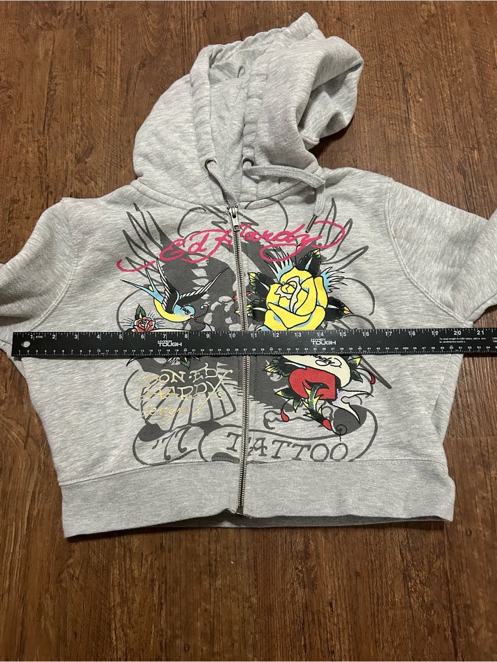 Ed Hardy Women’s XL Gray Cropped Zip Hoodie Brave Hearts Eagle Tattoo Y2K - Picture 5 of 6